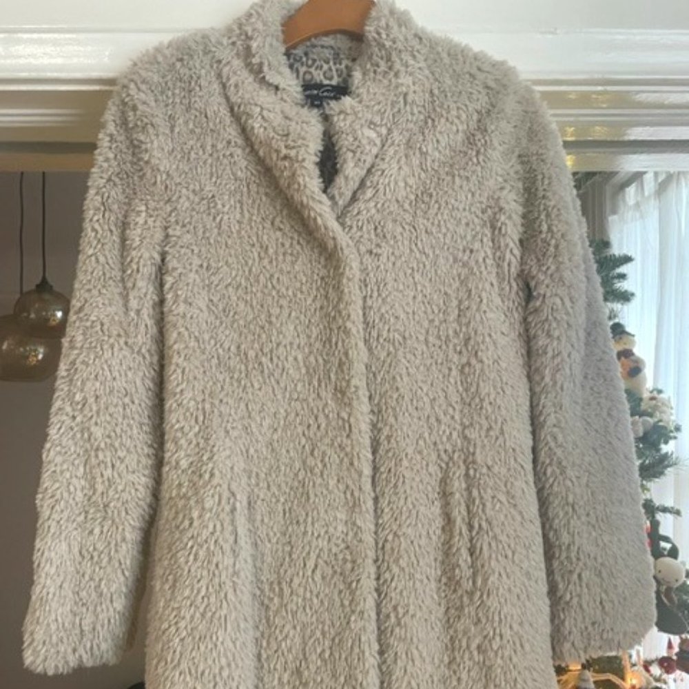 Tan Sherpa Coat with Leopard Print Lining